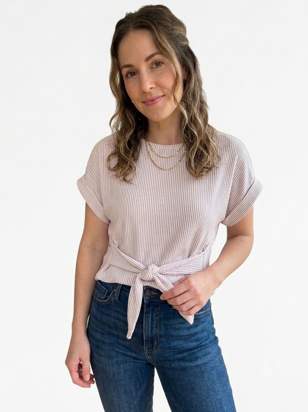 Express Ribbed Striped Tie-Waist Top